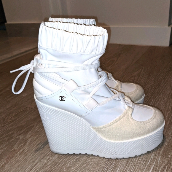 CHANEL Shoes - All white chanel wedge winter boots